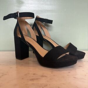 Chinese Laundry Black Suede Block Heel Sandals with Ankle Strap